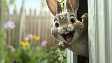 Poster - An excited rabbit appearing through a wall, with a bright, happy expression, evoking a playful, joyful vibe