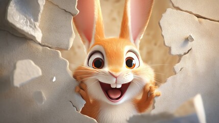 Poster - An excited rabbit appearing through a wall, with a bright, happy expression, evoking a playful, joyful vibe
