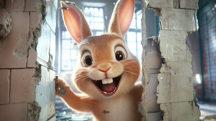 Poster - An excited rabbit appearing through a wall, with a bright, happy expression, evoking a playful, joyful vibe