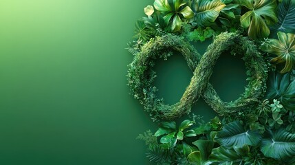 Poster - An infinity symbol entwined with lush green plants, set against a soft green background, symbolizing growth, renewal, and infinite possibilities