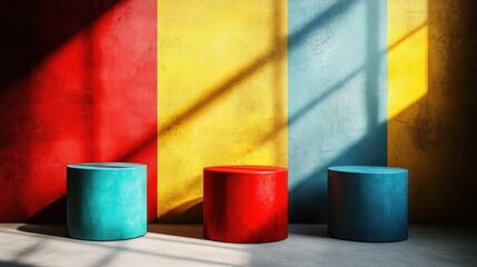Poster - Bright red, blue, and yellow cylinder podiums on a subtle window shade background, perfect for creative product or art showcases with a lively pop of color