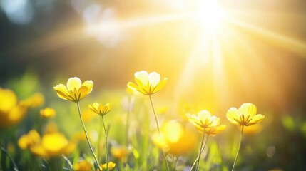 Wall Mural - Close-up of bright yellow buttercups in a sunlit meadow, emphasizing the delicate petals and the warmth of the sun on a spring day