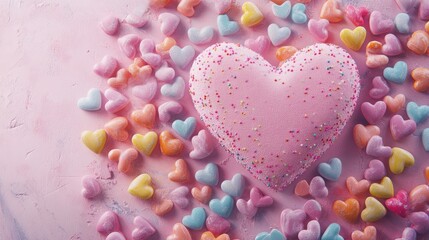 Poster - Colorful candy hearts scattered around a large, blank pink heart, perfect for adding a personalized Valentine Day message or design