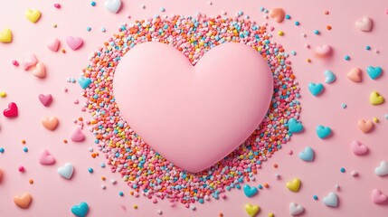 Poster - Colorful candy hearts scattered around a large, blank pink heart, perfect for adding a personalized Valentine Day message or design