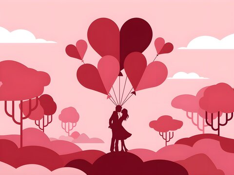 Romantic Couple Holding Heart Balloons in a Whimsical Landscape