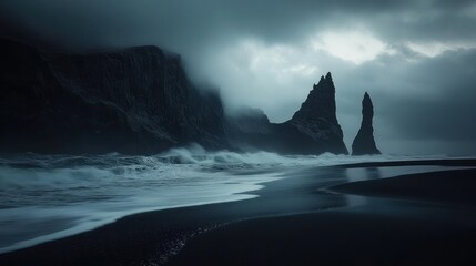 Wall Mural - Dramatic coastal cliffs, dark stormy ocean waves crashing on black sand beach.