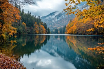 Wall Mural - Autumnal lake reflection, mountain forest, misty sky, scenic travel