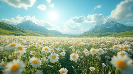 Wall Mural - a vast field of blooming daisies under a bright blue sky with distant mountains
