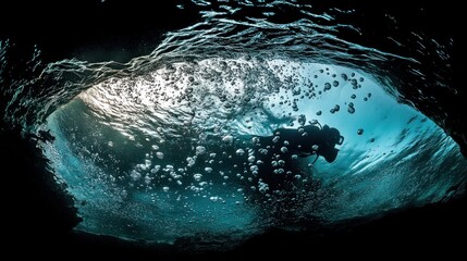 Wall Mural - underwater diver silhouetted against bright surface, bubbles rising.