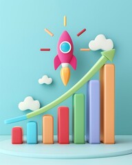 Poster - Colorful 3D Chart with Rocket and Clouds in a Bright Setting