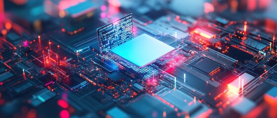 Poster - Futuristic circuit board with glowing components and processor