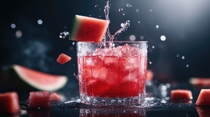 Poster - Pouring fresh watermelon juice into a glass with watermelon pieces on a dark background, showcasing a fresh and vibrant vibe for summer drinks