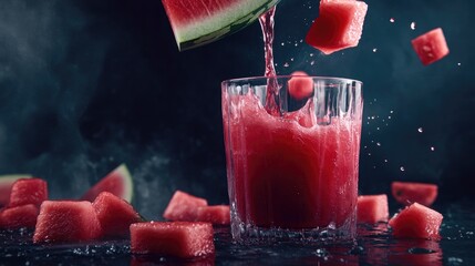 Poster - Pouring fresh watermelon juice into a glass with watermelon pieces on a dark background, showcasing a fresh and vibrant vibe for summer drinks