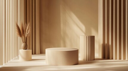 Poster - Premium beige podiums with clean, geometric cylindrical and cube shapes, ideal for use in product display, awards, or art-related contexts
