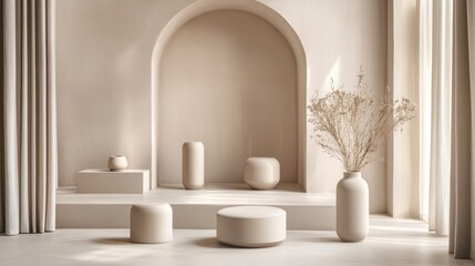 Poster - Premium beige podiums with clean, geometric cylindrical and cube shapes, ideal for use in product display, awards, or art-related contexts