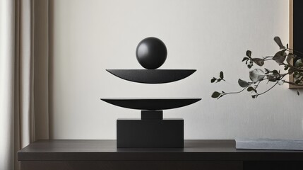 Poster - Sleek, black metallic shapes balancing on top of each other, showcasing fine craftsmanship and geometric elegance in a minimalistic, contemporary setting