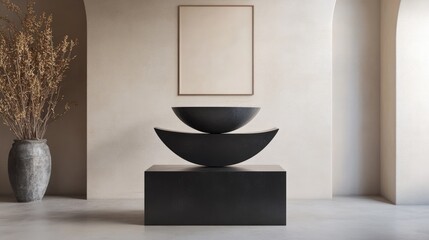 Poster - Sleek, black metallic shapes balancing on top of each other, showcasing fine craftsmanship and geometric elegance in a minimalistic, contemporary setting