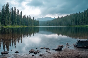 Wall Mural - Calm mountain lake reflecting cloudy sky, forest backdrop