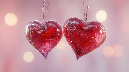 Poster - Two shiny red hearts hanging gracefully against a soft pink background, ideal for Valentine Day or romantic celebration visuals