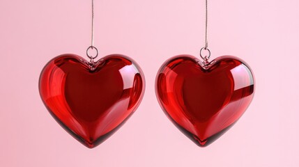 Poster - Two shiny red hearts hanging gracefully against a soft pink background, ideal for Valentine Day or romantic celebration visuals