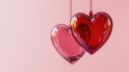 Poster - Two shiny red hearts hanging gracefully against a soft pink background, ideal for Valentine Day or romantic celebration visuals