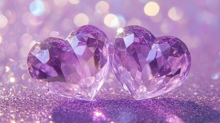 Wall Mural - Two sparkling purple hearts on a shimmering purple glitter background, creating a dreamy and romantic atmosphere with blurred shiny details