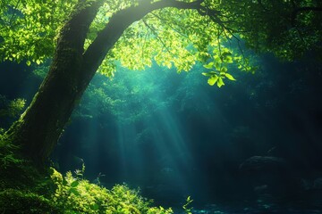 Wall Mural - Sunbeams pierce lush forest, tranquil creek, nature backdrop