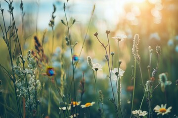 Wall Mural - Summer meadow wildflowers sunset bokeh background