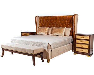 Wall Mural - A bed with a brown headboard and pillows, and a brown bench next to it