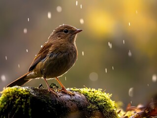 Wall Mural - a small brown bird with orange legs stands on a mossy branch in the rain