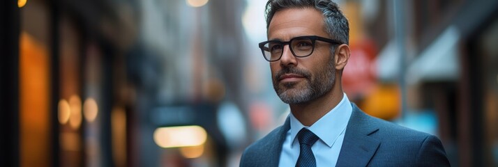 A modern man in a crisp suit and tie, holding a cup of coffee while walking through a chic urban environment, with contemporary architecture surrounding him.