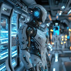 Poster - Futuristic humanoid robot standing in high-tech corridor