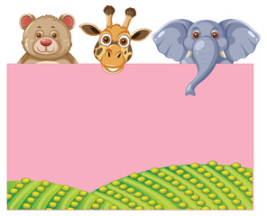 Wall Mural - Cute Animals Peeking Over Pink Banner