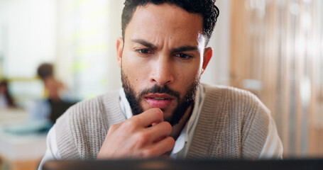 Poster - Laptop, problem solving and thinking with business man in coworking space for planning or research. Confused, doubt and frown with employee in workplace for online administration or reporting