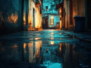 Wall Mural - Wet cobblestone alleyway at night, reflecting lights on puddles.