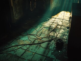 Wall Mural - sunbeam illuminates dark, abandoned room with tangled wires and wet floor.