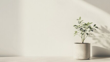 Wall Mural - Small potted plant in sunlight against a white wall.