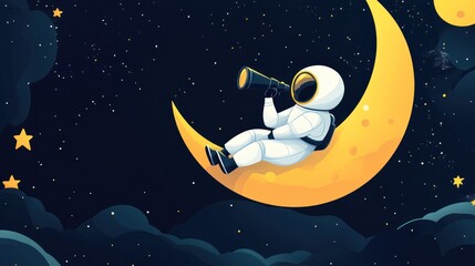 Wall Mural - astronaut on crescent moon using telescope, stars background.
