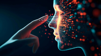 Aufkleber - A digital art representation of a human face interacting with a hand, showcasing vibrant particles and a futuristic aesthetic.