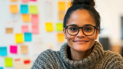 Poster - Smiling woman in cozy sweater against colorful sticky notes
