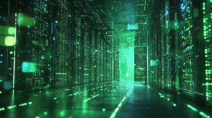 Poster - A dynamic corridor pulsates with green data streams, creating an immersive digital environment. Lights flicker and patterns shift, embodying the heartbeat of a high-tech future