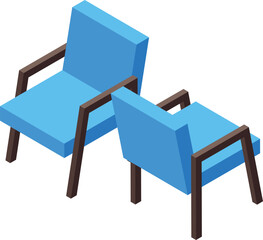 Poster - Isometric view of two comfortable blue armchairs with wooden legs, ideal for waiting areas or office spaces