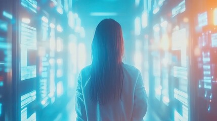 Poster - Woman walking through high-tech data center illuminated by screens