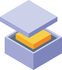 Poster - Golden parcel inside opened parcel locker, isometric view, suggesting secure delivery and storage of valuable goods