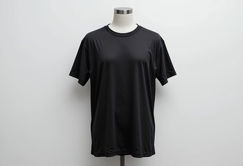 Plain black t-shirt displayed on a mannequin against a white background