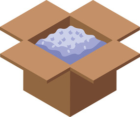 Poster - Isometric view of an open cardboard box filled with packing peanuts, ensuring safe transportation of delicate items