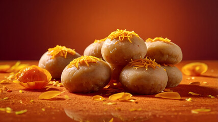 Wall Mural - Artfully arranged Kesar peda sweets topped with saffron strands, creating vibrant and inviting display. Perfect for festive occasions and celebrations