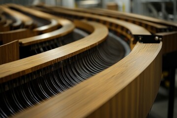 Poster - Curved wooden conveyor belts in modern industrial setting
