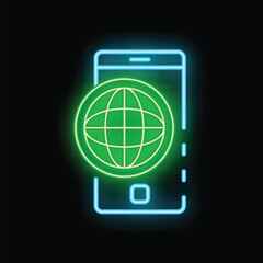 Poster - Neon sign depicting a mobile phone with a bright green globe, symbolizing global network access and communication