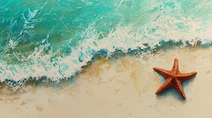 Aufkleber - A vibrant starfish sprawls across the soft, warm sand, while gentle waves lapping at the shore create a mesmerizing dance of colors in the crystal-clear water reflecting the sun's rays